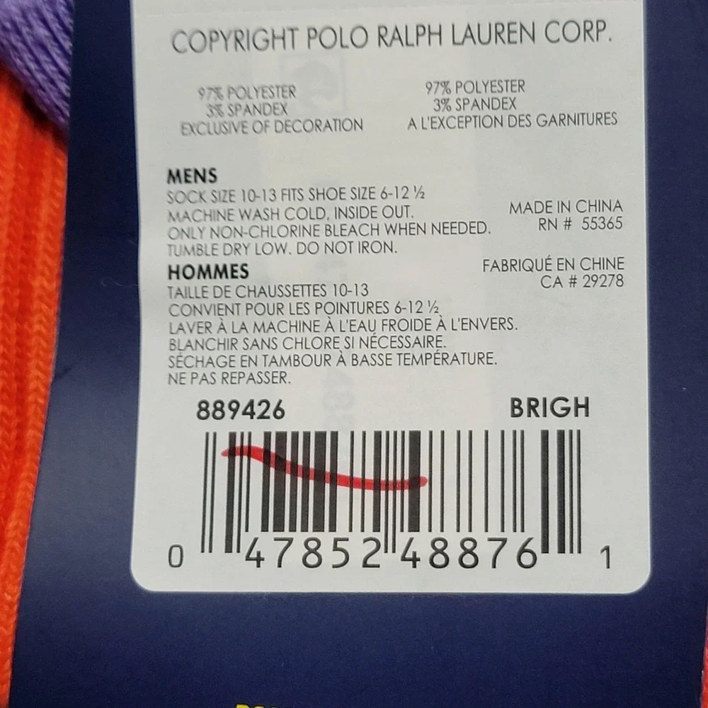Polo Ralph Lauren Socks Mens 10-13 Ombre Rainbow Stripe Pony Crew Mid Calf